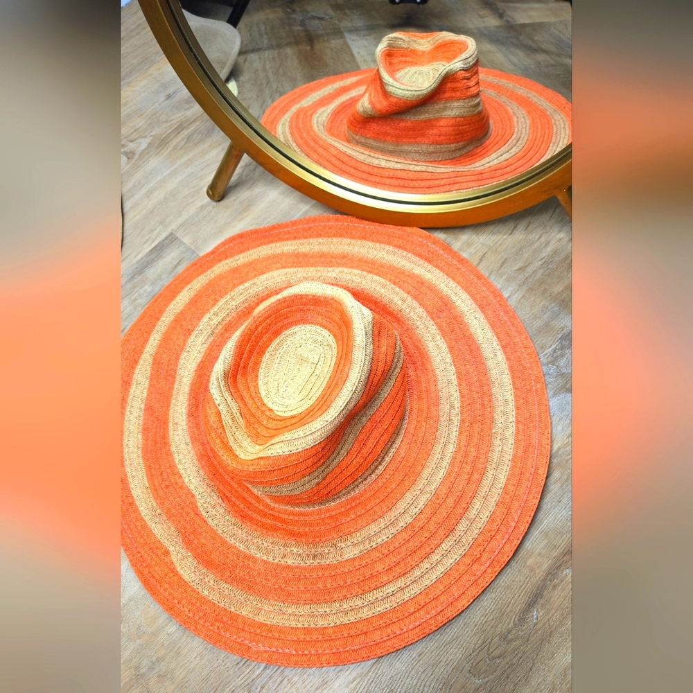Express Large Striped Orange and Tan Wide Brim Hat